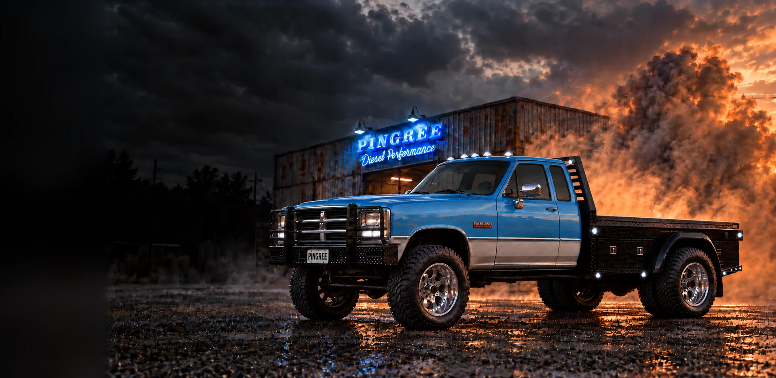 Illustration of a lifted first-generation Dodge Cummins Club Cab flatbed in Pingree blue outside a shop with Pingree Diesel Performance signage.